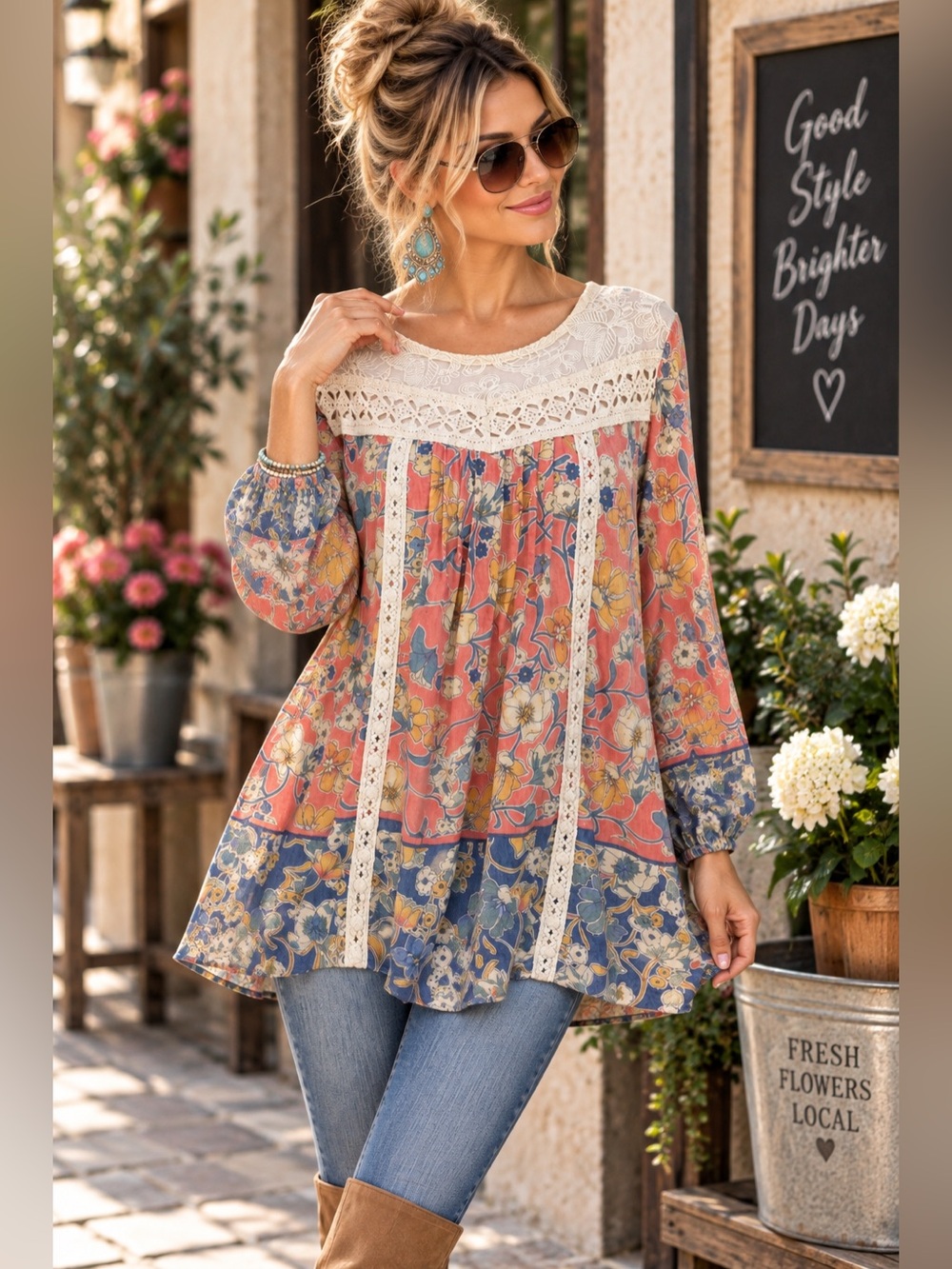 Vintage America Blues Floral Lace Boho Tunic Top Large Cottagecore